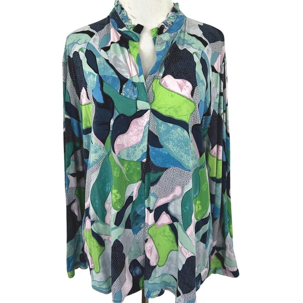 NIC+ZOE Abstract Print Ruffle Neck Blouse Rayon Spandex Long Sleeve Petite PL